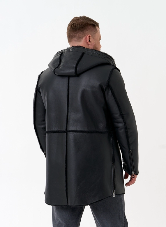 Мужская натуральная дубленка с капюшоном