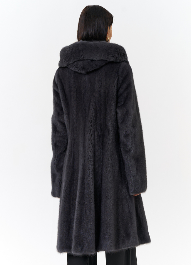 фото Норковая шуба годе/балетка в роспуск с капюшоном цвета графит модель № 27646