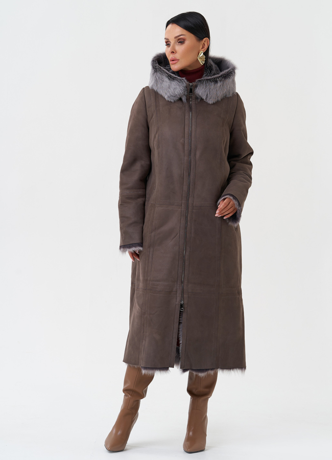 Дубленка с отделкой из тосканы с капюшоном модель № 28954 меха малина