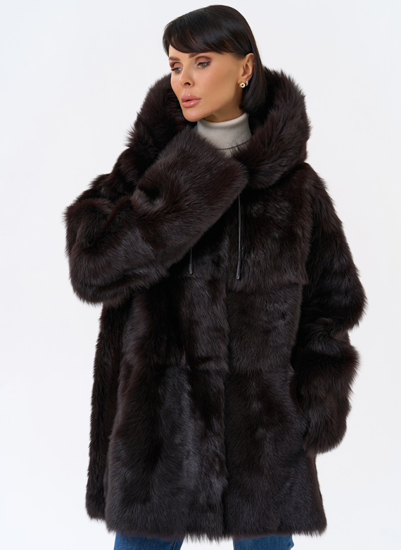 Женская двухсторонняя дубленка с капюшоном