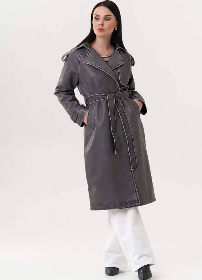 Плащ из эко кожи с поясом модель № 26726 меха малина