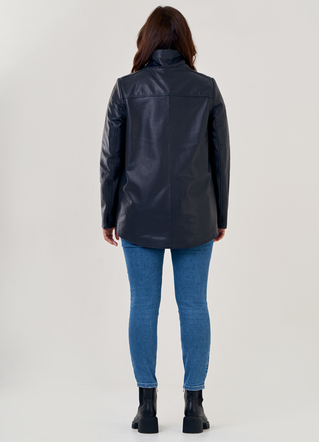 Кожаная куртка на молнии темно-синего цвета  модель № 10862 в кредит