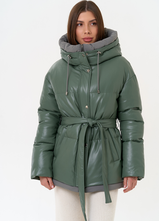 фото Женский пуховик из эко кожи с поясом модель № 30726