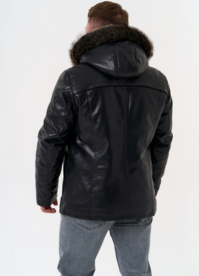 фото Пуховик из эко кожи с капюшоном из меха енота модель № 31719