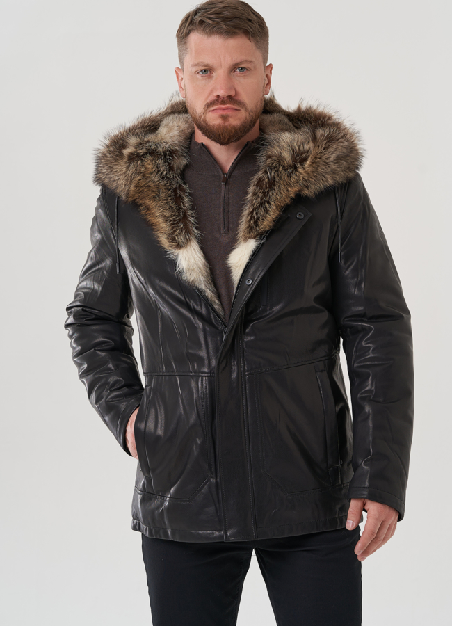 Мужская куртка с капюшоном на мехе из волка модель № 82262 универмаг малина