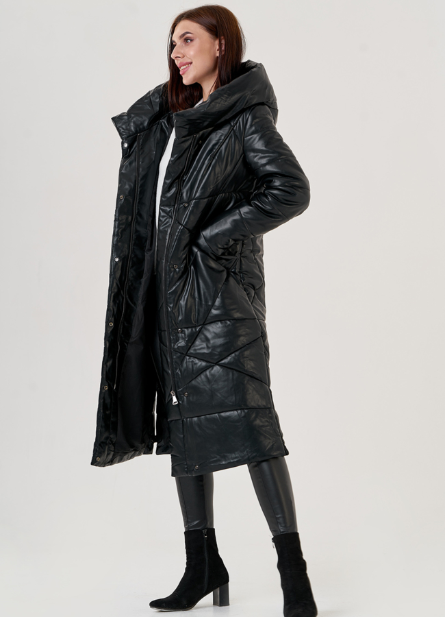 Черный длинный пуховик из эко кожи Malina Siberian модель № 79130 универмаг малина