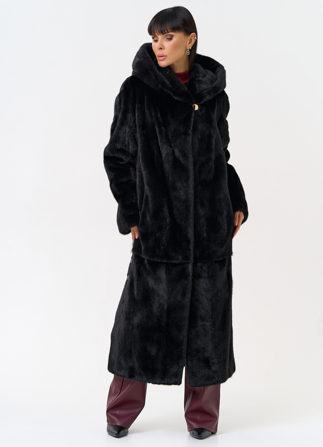 Женская шуба из скандинавской норки с капюшоном модель № 31635 универмаг малина