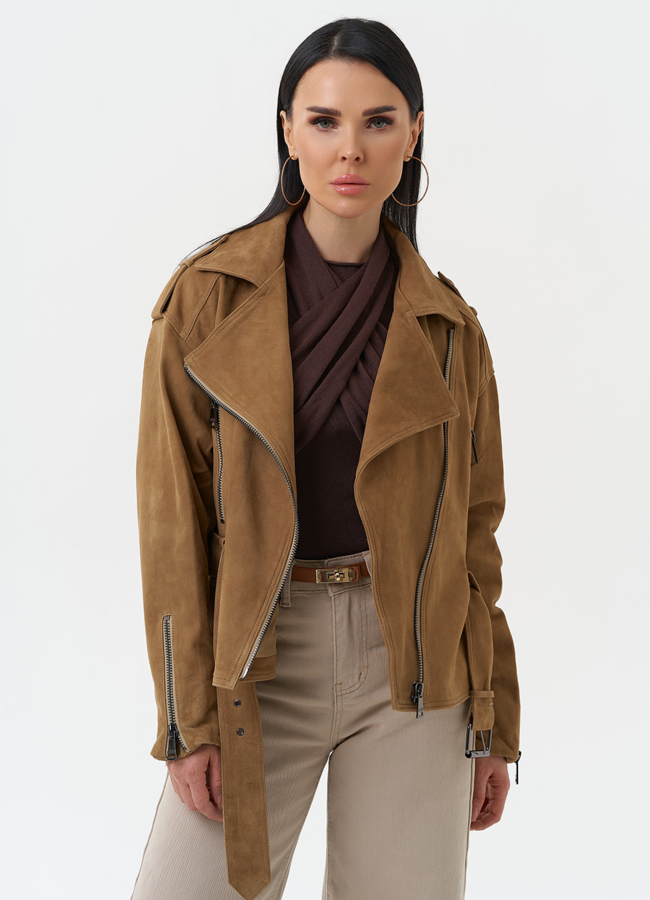 Куртка женская из натуральной замши с поясом модель № 30364 меха малина