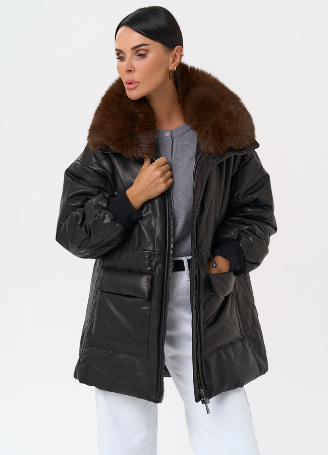 Полупальто из натуральной кожи с мехом песца модель № 76614 универмаг малина