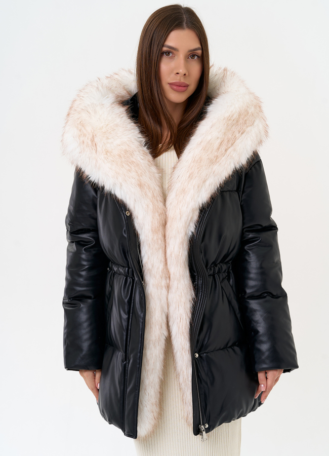 фото Женский пуховик из эко кожи с отделкой из эко меха модель № 30734