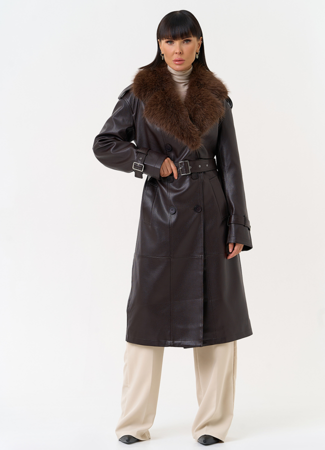 Женское утепленное пальто из экокожи с воротником из эко меха модель № 30704 меха малина