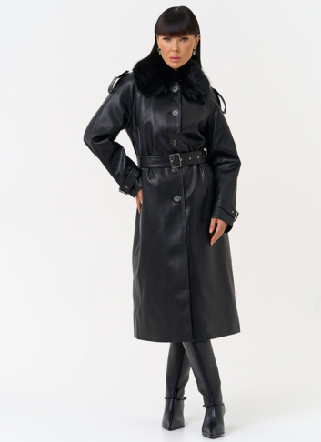 Женское утепленное пальто из экокожи с воротником из эко меха