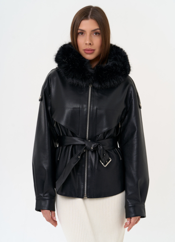 Женская утепленная куртка из эко кожи с поясом