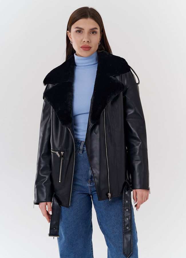 Куртка-косуха из эко кожи на утеплителе с натуральным мутоном модель № 24213 меха малина