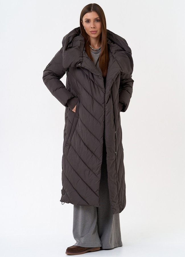 Женский длинный пуховик с капюшоном модель № 31394 универмаг малина