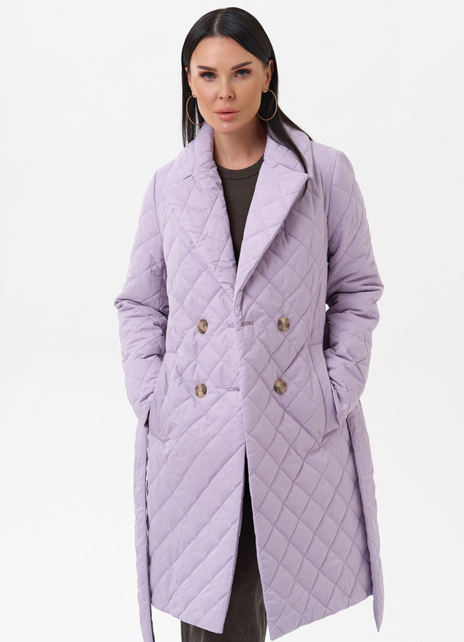 Женское стеганое полупальто с поясом модель № 29544 меха малина