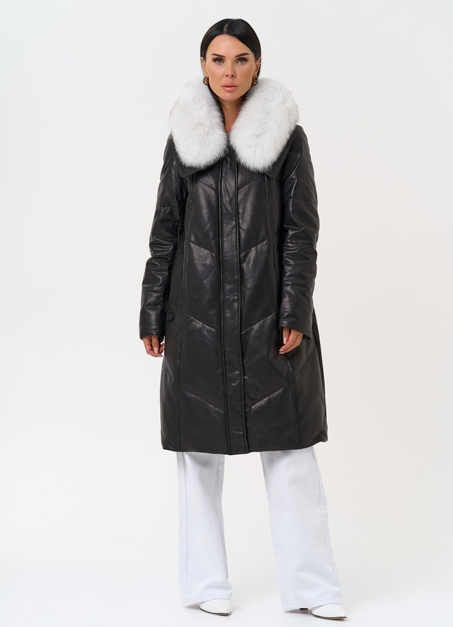 Длинный пуховик из натуральной кожи модель № 31568 универмаг малина