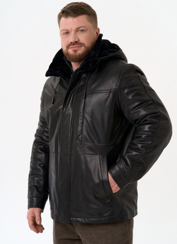 Мужская дубленка черного цвета с капюшоном