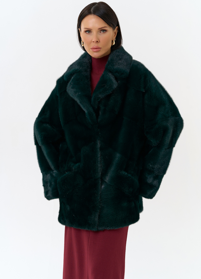 Шуба из меха норки с английским воротником в зеленом цвете модель № 31757 меха малина