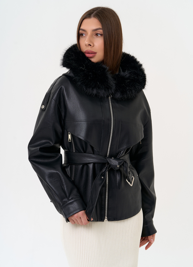 Женская утепленная куртка из эко кожи с поясом модель № 31494 универмаг малина