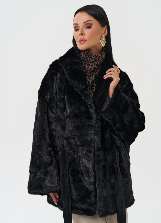 Шуба из меха норки с поясом модель № 28585 универмаг малина