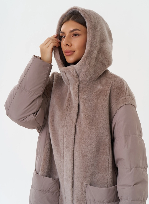 Комбинированное пальто с капюшоном