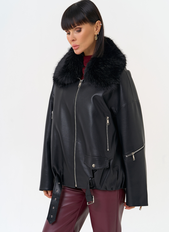 Женская утепленная куртка из эко кожи черного цвета